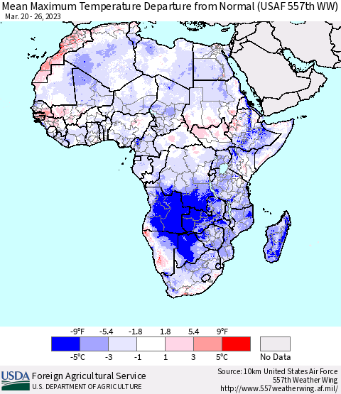 Africa Mean Maximum Temperature Departure from Normal (USAF 557th WW) Thematic Map For 3/20/2023 - 3/26/2023