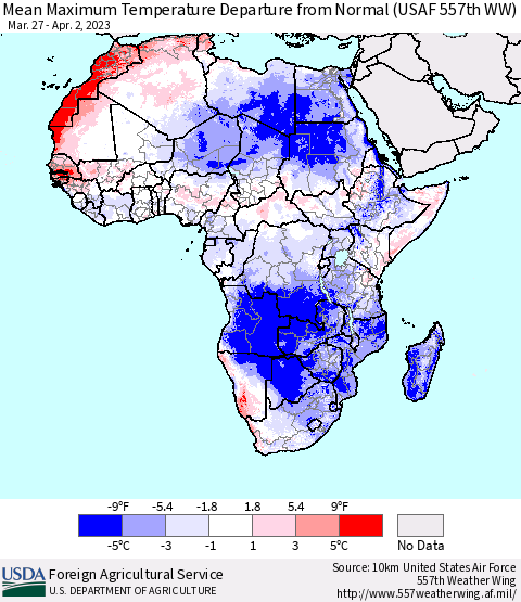 Africa Mean Maximum Temperature Departure from Normal (USAF 557th WW) Thematic Map For 3/27/2023 - 4/2/2023