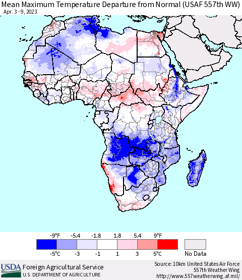 Africa Mean Maximum Temperature Departure from Normal (USAF 557th WW) Thematic Map For 4/3/2023 - 4/9/2023