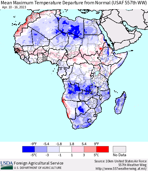 Africa Mean Maximum Temperature Departure from Normal (USAF 557th WW) Thematic Map For 4/10/2023 - 4/16/2023