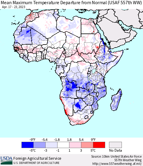 Africa Mean Maximum Temperature Departure from Normal (USAF 557th WW) Thematic Map For 4/17/2023 - 4/23/2023