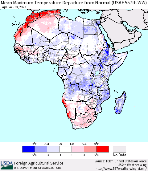 Africa Mean Maximum Temperature Departure from Normal (USAF 557th WW) Thematic Map For 4/24/2023 - 4/30/2023