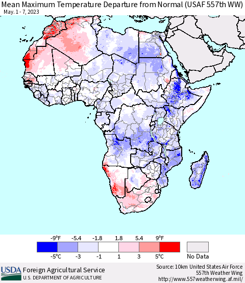 Africa Mean Maximum Temperature Departure from Normal (USAF 557th WW) Thematic Map For 5/1/2023 - 5/7/2023