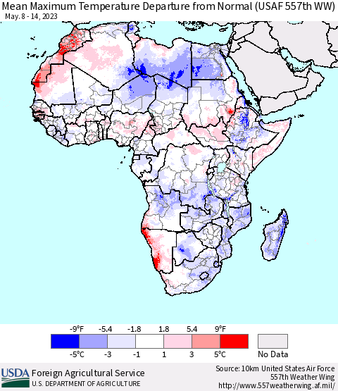 Africa Mean Maximum Temperature Departure from Normal (USAF 557th WW) Thematic Map For 5/8/2023 - 5/14/2023