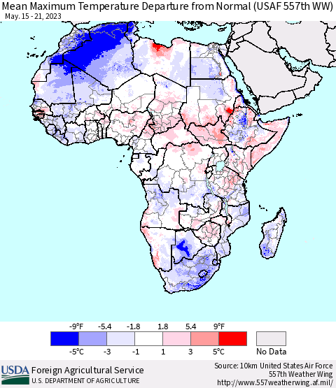 Africa Mean Maximum Temperature Departure from Normal (USAF 557th WW) Thematic Map For 5/15/2023 - 5/21/2023