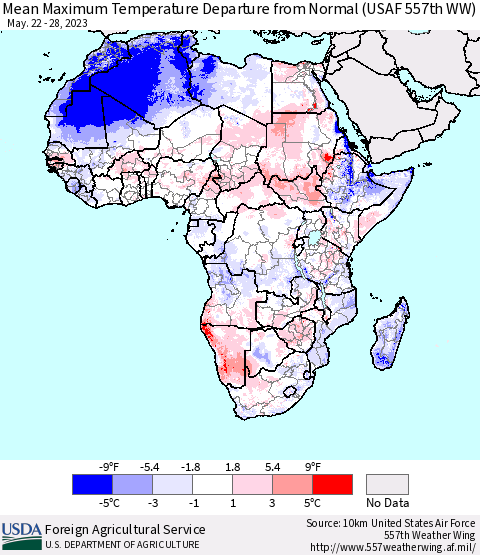 Africa Mean Maximum Temperature Departure from Normal (USAF 557th WW) Thematic Map For 5/22/2023 - 5/28/2023