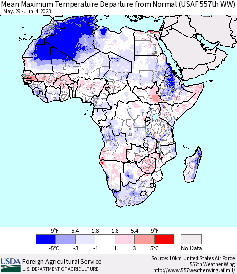 Africa Mean Maximum Temperature Departure from Normal (USAF 557th WW) Thematic Map For 5/29/2023 - 6/4/2023