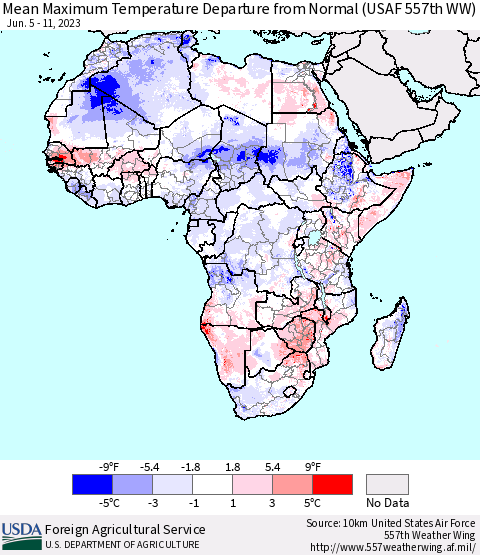 Africa Mean Maximum Temperature Departure from Normal (USAF 557th WW) Thematic Map For 6/5/2023 - 6/11/2023