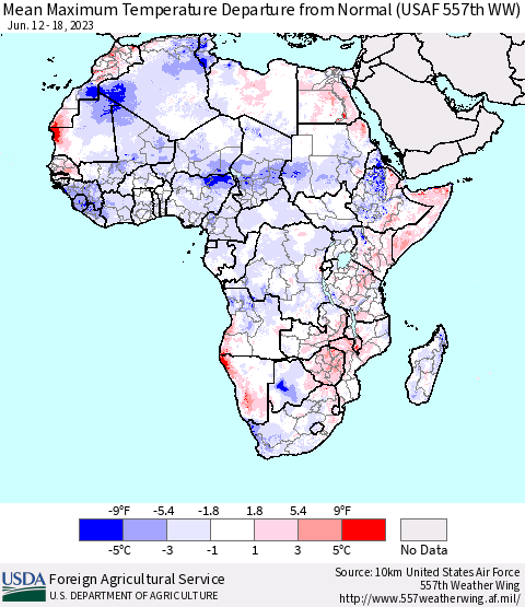 Africa Mean Maximum Temperature Departure from Normal (USAF 557th WW) Thematic Map For 6/12/2023 - 6/18/2023