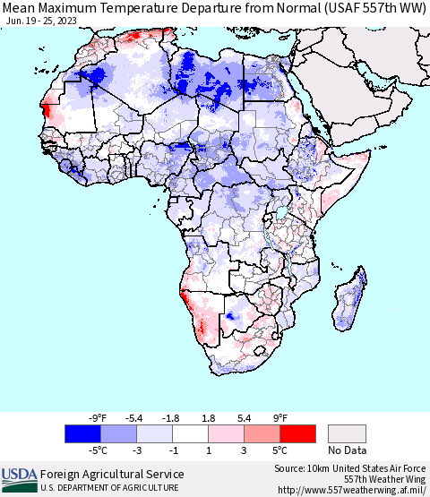 Africa Mean Maximum Temperature Departure from Normal (USAF 557th WW) Thematic Map For 6/19/2023 - 6/25/2023