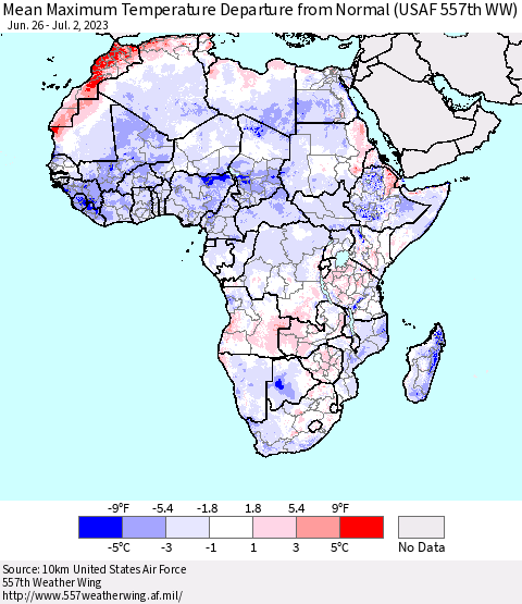 Africa Mean Maximum Temperature Departure from Normal (USAF 557th WW) Thematic Map For 6/26/2023 - 7/2/2023