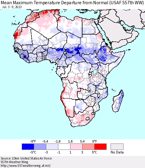Africa Mean Maximum Temperature Departure from Normal (USAF 557th WW) Thematic Map For 7/3/2023 - 7/9/2023