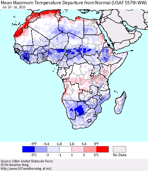 Africa Mean Maximum Temperature Departure from Normal (USAF 557th WW) Thematic Map For 7/10/2023 - 7/16/2023