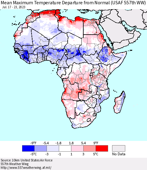 Africa Mean Maximum Temperature Departure from Normal (USAF 557th WW) Thematic Map For 7/17/2023 - 7/23/2023