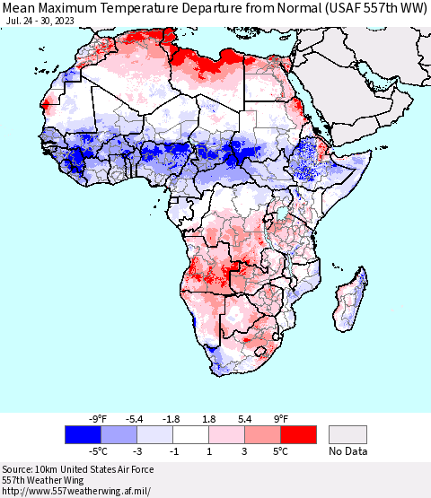 Africa Mean Maximum Temperature Departure from Normal (USAF 557th WW) Thematic Map For 7/24/2023 - 7/30/2023