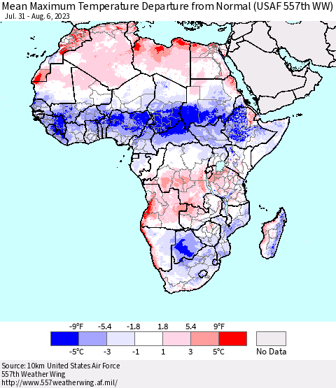 Africa Mean Maximum Temperature Departure from Normal (USAF 557th WW) Thematic Map For 7/31/2023 - 8/6/2023