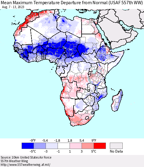 Africa Mean Maximum Temperature Departure from Normal (USAF 557th WW) Thematic Map For 8/7/2023 - 8/13/2023