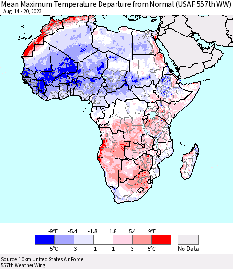 Africa Mean Maximum Temperature Departure from Normal (USAF 557th WW) Thematic Map For 8/14/2023 - 8/20/2023