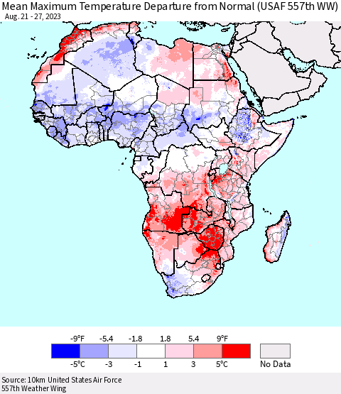 Africa Mean Maximum Temperature Departure from Normal (USAF 557th WW) Thematic Map For 8/21/2023 - 8/27/2023