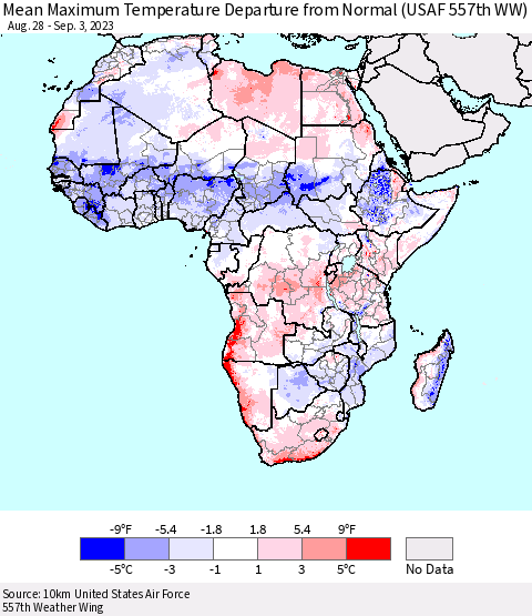 Africa Mean Maximum Temperature Departure from Normal (USAF 557th WW) Thematic Map For 8/28/2023 - 9/3/2023