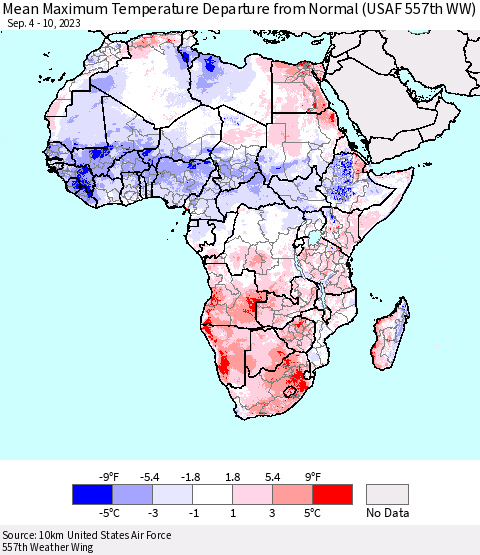 Africa Mean Maximum Temperature Departure from Normal (USAF 557th WW) Thematic Map For 9/4/2023 - 9/10/2023