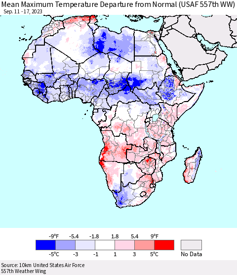 Africa Mean Maximum Temperature Departure from Normal (USAF 557th WW) Thematic Map For 9/11/2023 - 9/17/2023