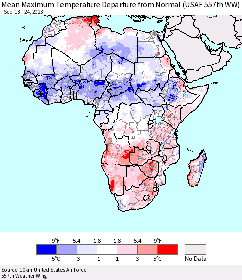 Africa Mean Maximum Temperature Departure from Normal (USAF 557th WW) Thematic Map For 9/18/2023 - 9/24/2023