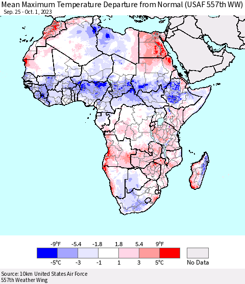 Africa Mean Maximum Temperature Departure from Normal (USAF 557th WW) Thematic Map For 9/25/2023 - 10/1/2023