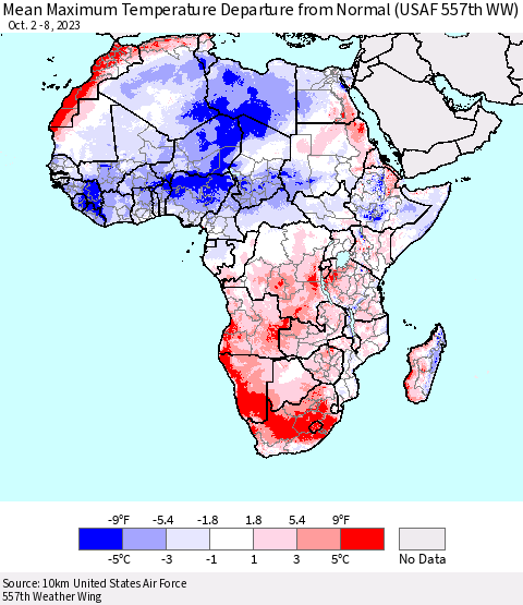 Africa Mean Maximum Temperature Departure from Normal (USAF 557th WW) Thematic Map For 10/2/2023 - 10/8/2023