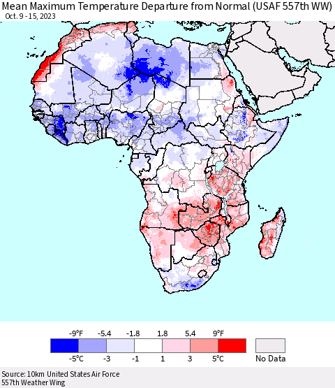 Africa Mean Maximum Temperature Departure from Normal (USAF 557th WW) Thematic Map For 10/9/2023 - 10/15/2023