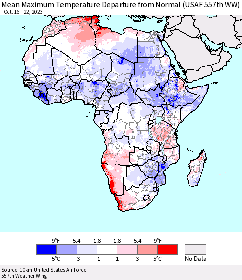 Africa Mean Maximum Temperature Departure from Normal (USAF 557th WW) Thematic Map For 10/16/2023 - 10/22/2023