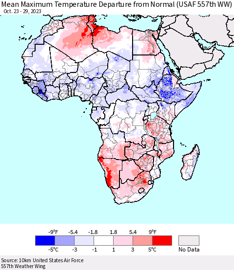 Africa Mean Maximum Temperature Departure from Normal (USAF 557th WW) Thematic Map For 10/23/2023 - 10/29/2023