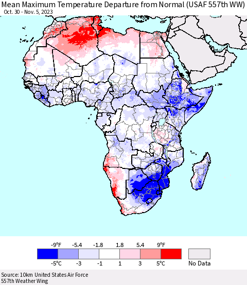 Africa Mean Maximum Temperature Departure from Normal (USAF 557th WW) Thematic Map For 10/30/2023 - 11/5/2023