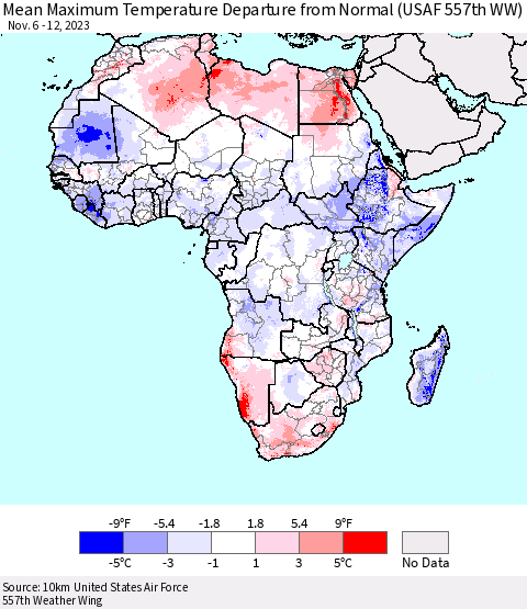 Africa Mean Maximum Temperature Departure from Normal (USAF 557th WW) Thematic Map For 11/6/2023 - 11/12/2023