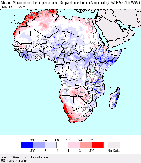Africa Mean Maximum Temperature Departure from Normal (USAF 557th WW) Thematic Map For 11/13/2023 - 11/19/2023