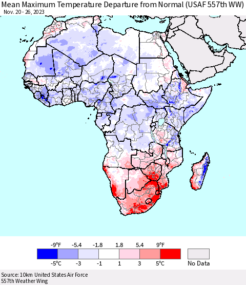 Africa Mean Maximum Temperature Departure from Normal (USAF 557th WW) Thematic Map For 11/20/2023 - 11/26/2023