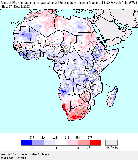 Africa Mean Maximum Temperature Departure from Normal (USAF 557th WW) Thematic Map For 11/27/2023 - 12/3/2023