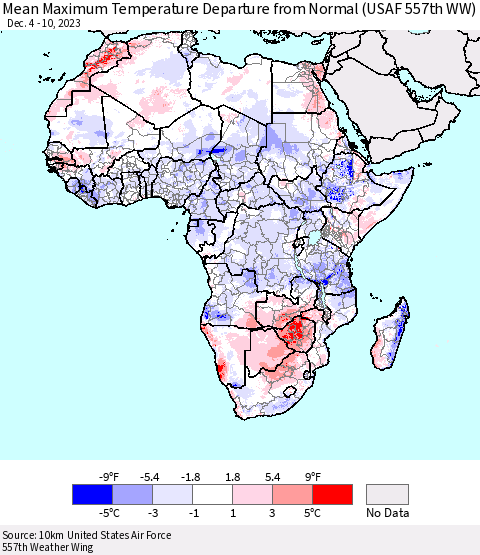 Africa Mean Maximum Temperature Departure from Normal (USAF 557th WW) Thematic Map For 12/4/2023 - 12/10/2023