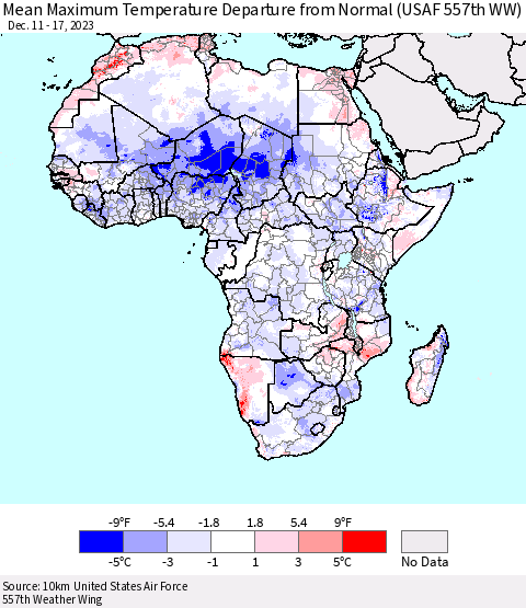 Africa Mean Maximum Temperature Departure from Normal (USAF 557th WW) Thematic Map For 12/11/2023 - 12/17/2023