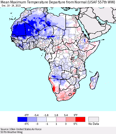 Africa Mean Maximum Temperature Departure from Normal (USAF 557th WW) Thematic Map For 12/18/2023 - 12/24/2023