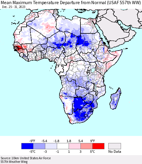 Africa Mean Maximum Temperature Departure from Normal (USAF 557th WW) Thematic Map For 12/25/2023 - 12/31/2023