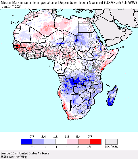 Africa Mean Maximum Temperature Departure from Normal (USAF 557th WW) Thematic Map For 1/1/2024 - 1/7/2024