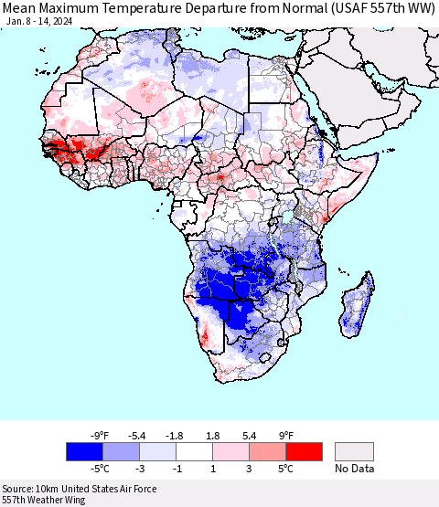 Africa Mean Maximum Temperature Departure from Normal (USAF 557th WW) Thematic Map For 1/8/2024 - 1/14/2024