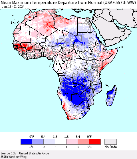 Africa Mean Maximum Temperature Departure from Normal (USAF 557th WW) Thematic Map For 1/15/2024 - 1/21/2024