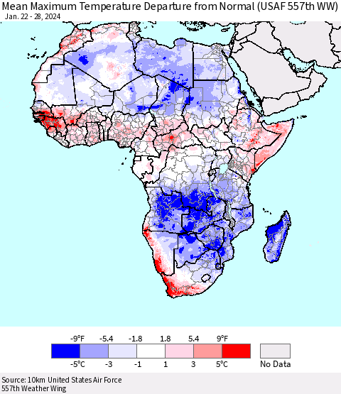 Africa Mean Maximum Temperature Departure from Normal (USAF 557th WW) Thematic Map For 1/22/2024 - 1/28/2024