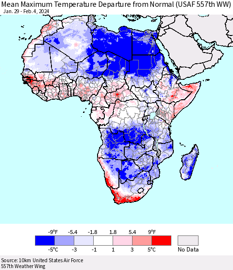 Africa Mean Maximum Temperature Departure from Normal (USAF 557th WW) Thematic Map For 1/29/2024 - 2/4/2024