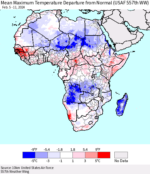 Africa Mean Maximum Temperature Departure from Normal (USAF 557th WW) Thematic Map For 2/5/2024 - 2/11/2024
