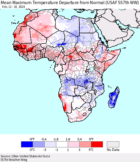 Africa Mean Maximum Temperature Departure from Normal (USAF 557th WW) Thematic Map For 2/12/2024 - 2/18/2024