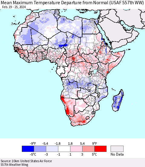 Africa Mean Maximum Temperature Departure from Normal (USAF 557th WW) Thematic Map For 2/19/2024 - 2/25/2024