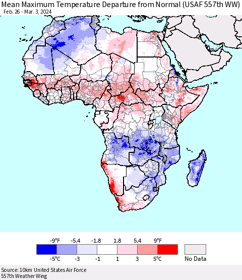 Africa Mean Maximum Temperature Departure from Normal (USAF 557th WW) Thematic Map For 2/26/2024 - 3/3/2024